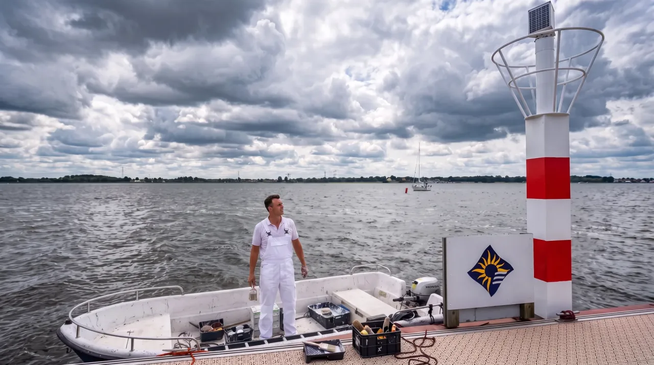 Schilder bij een afgerond schilderproject aan het water